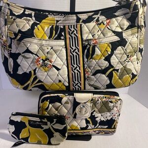 Vera Bradley Black and Yellow Floral Shoulder  three-piece Bag Set